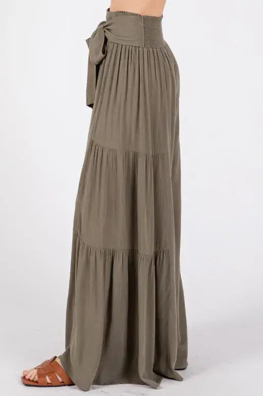 Woven Solid Wide Ruffle Hemming Pants