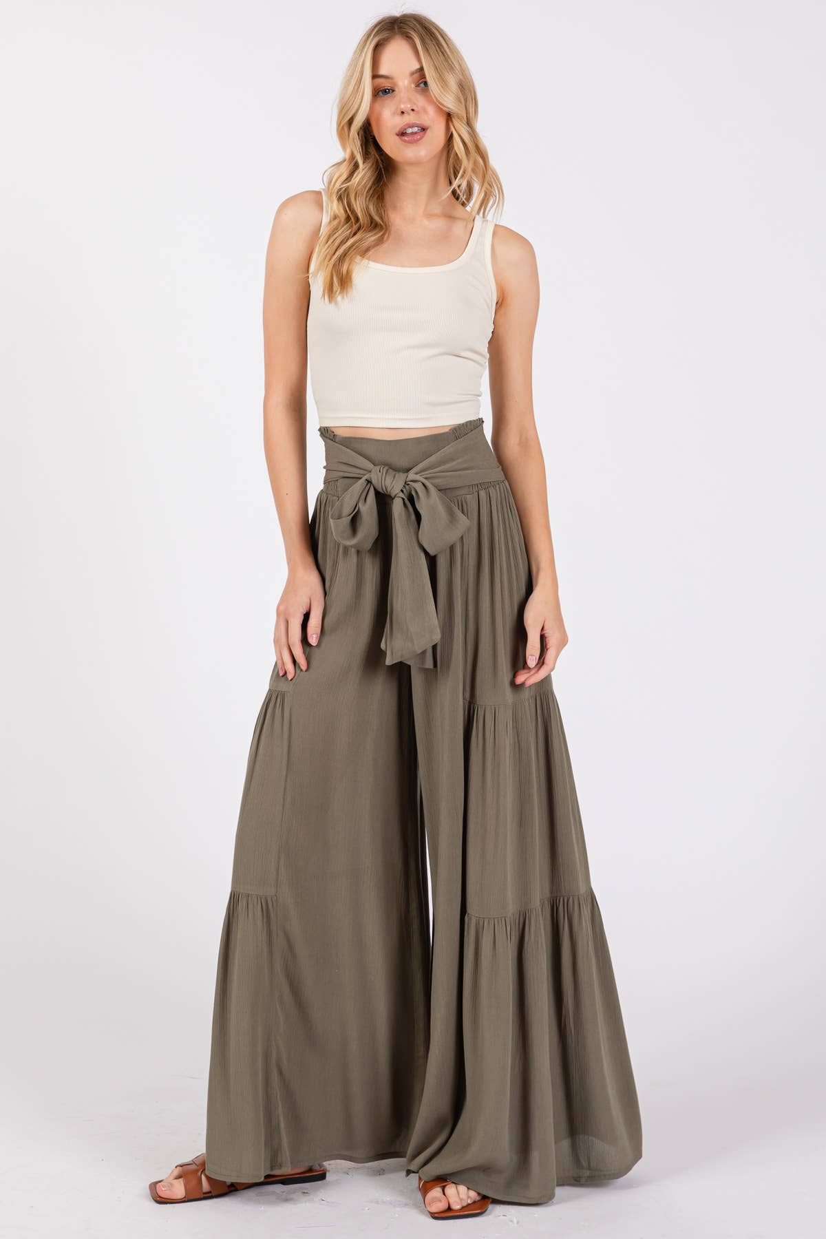 Woven Solid Wide Ruffle Hemming Pants