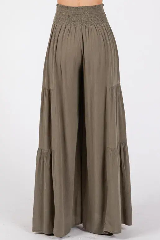 Woven Solid Wide Ruffle Hemming Pants