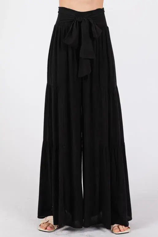 Woven Solid Wide Ruffle Hemming Pants