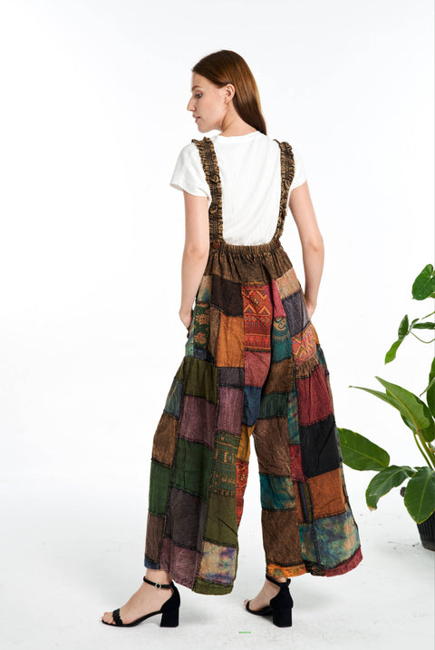 Patchwork Overall Jumpsuit Wide-Leg BROWN RUST