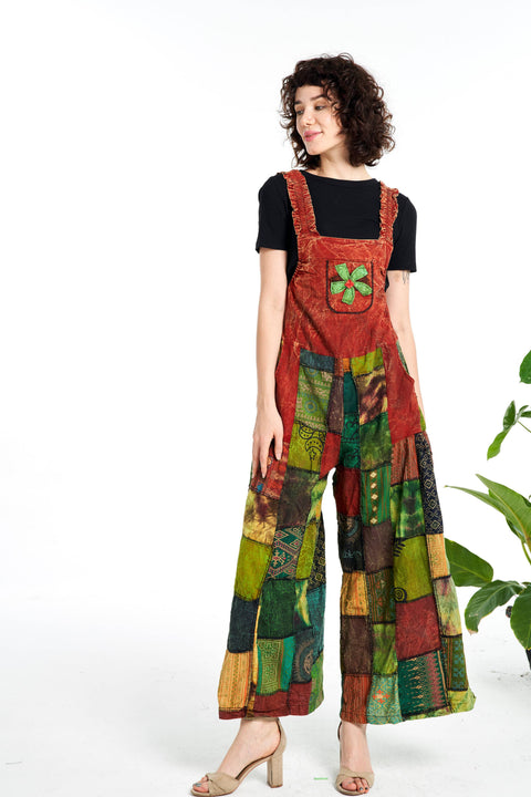 Patchwork Overall Jumpsuit Wide-Leg BROWN RUST