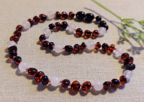 Cherry Baltic Amber Rose Quartz Necklace w Tag & Cert ♥️ GIA