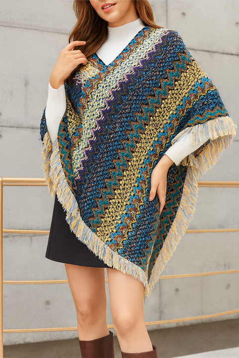 Poncho Sweater: Blue multi knit