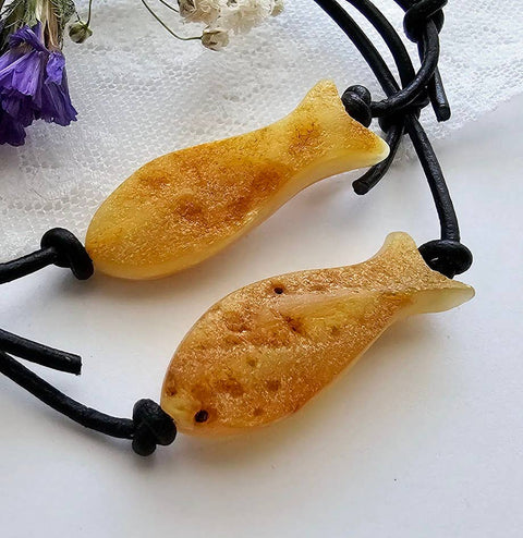 Raw Baltic Amber Carved Fish Adjustable Adult Bracelet 🐟