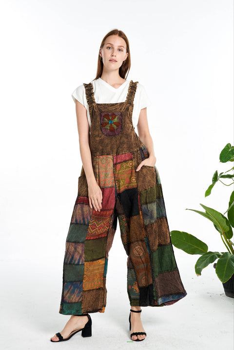 Patchwork Overall Jumpsuit Wide-Leg BROWN RUST