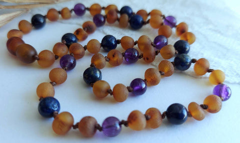 Deluxe Baltic Amber w/ Lapis Amethyst 17.5" Adult Necklace