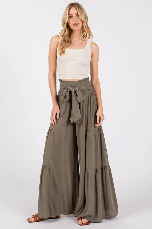 Woven Solid Wide Ruffle Hemming Pants