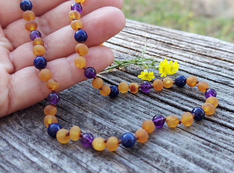 Deluxe Baltic Amber w/ Lapis Amethyst 17.5" Adult Necklace
