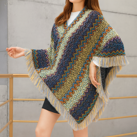 Poncho Sweater: Blue multi knit