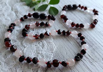 Cherry Baltic Amber Rose Quartz Necklace w Tag & Cert ♥️ GIA