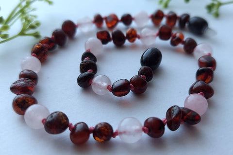 Cherry Baltic Amber Rose Quartz Necklace w Tag & Cert ♥️ GIA