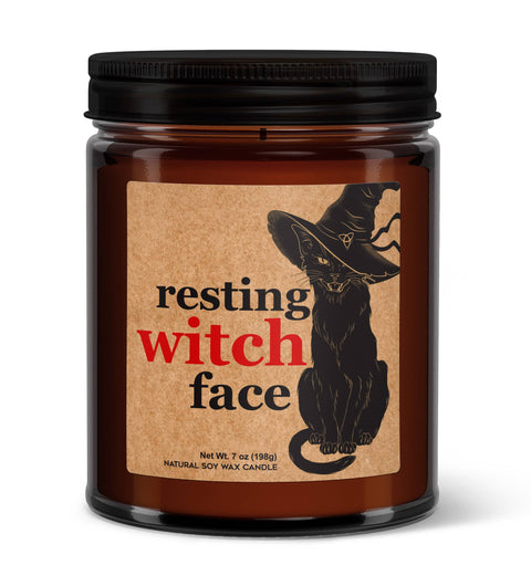Resting Witch Face Halloween Soy Candle - Black Cat Hat