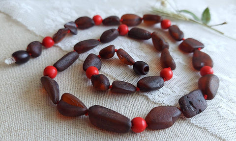 Fancy Raw Cherry Baltic Amber Bean Adult Necklace w/ Tag COA