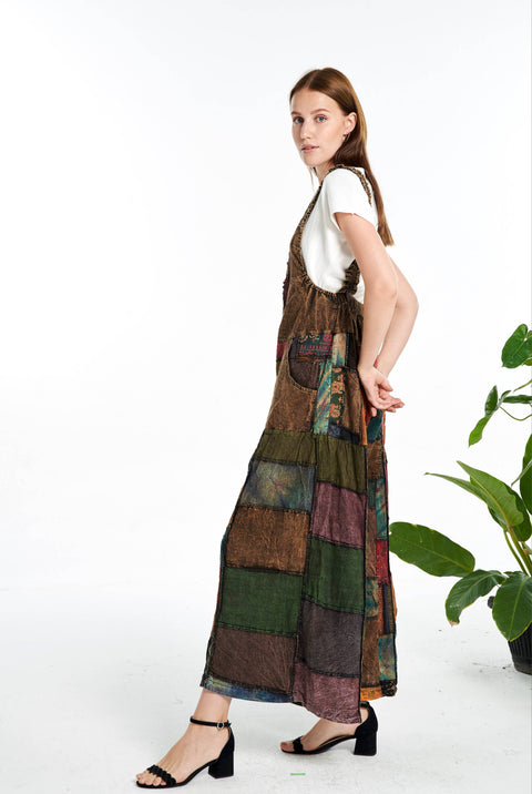 Patchwork Overall Jumpsuit Wide-Leg BROWN RUST
