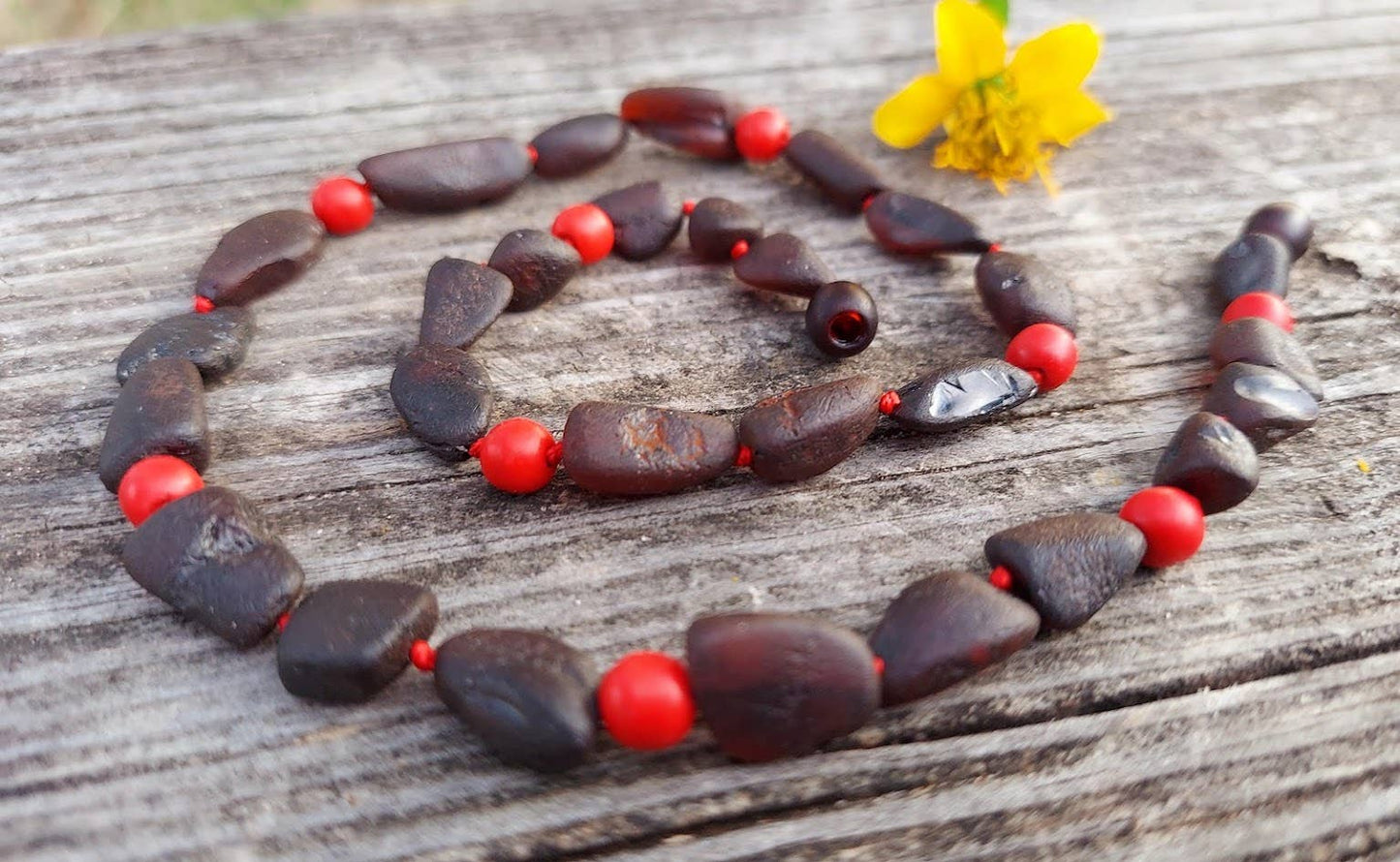 Fancy Raw Cherry Baltic Amber Bean Adult Necklace w/ Tag COA