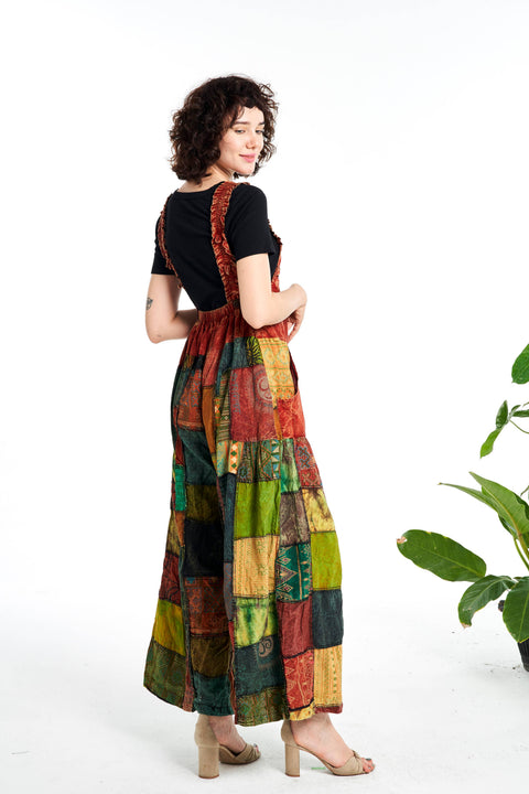 Patchwork Overall Jumpsuit Wide-Leg BROWN RUST