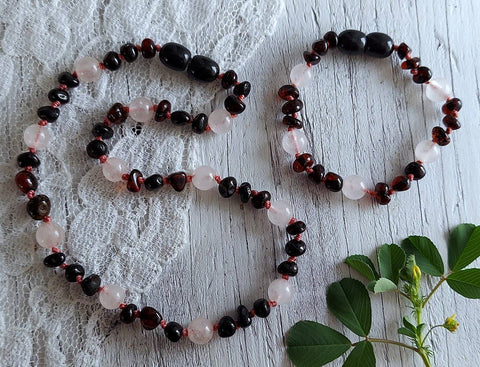 Cherry Baltic Amber Rose Quartz Necklace w Tag & Cert ♥️ GIA