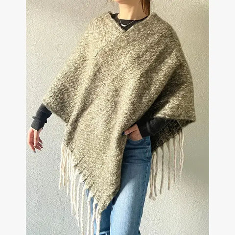 Olive Knit Tasseled Hooded Poncho