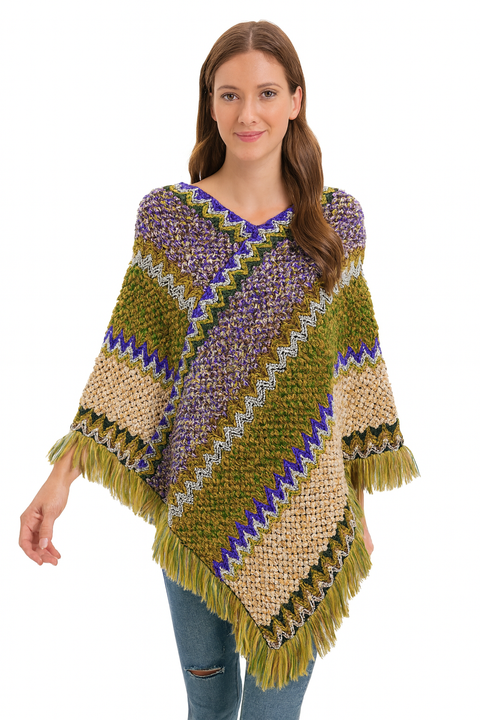 Poncho Sweater: Green multi knit